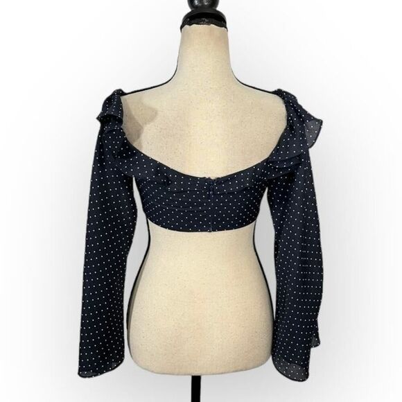 Alexis Ewa Crop Top Women's XS Navy Blue White Polka Dot Long Sleeve Bell Sleeve - Picture 4 of 7